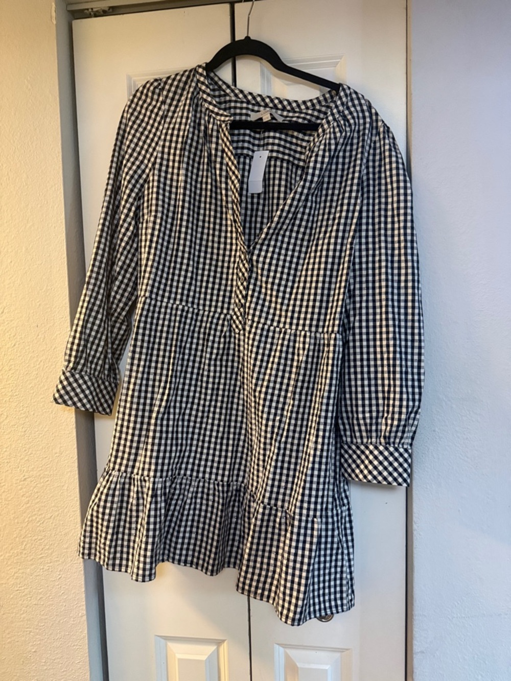LOFT Black and White Gingham Tunic with Ruffle Hem